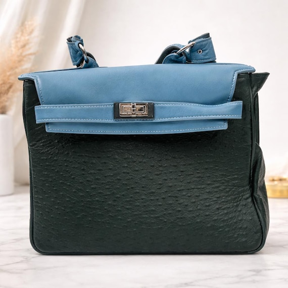Genuine Ostrich Leather Handbag | Luxury Structured Satchel | Two-Tone Purse | Statement Shoulder Bag | Color Options