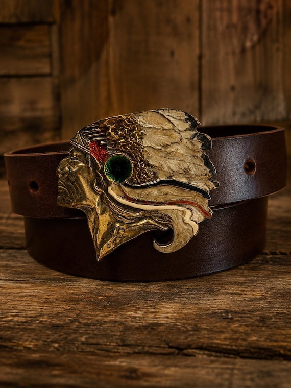 Vintage Native American Chief Belt Buckle with Handmade Genuine Leather Belt | Solid Brass Western Buckle | Limited Edition 1976 Collector