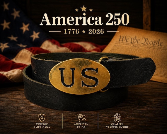 Vintage US Brass Belt Buckle with Custom Leather Belt | Civil War Style Belt Buckle | Americana Belt | America 250 Gift | Patriotic gift