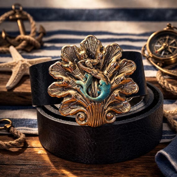 Mermaid Seashell Nautical Belt Buckle with Custom Leather Belt (Various Options)