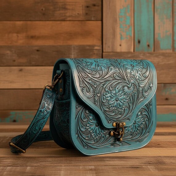 Ladies Southwesten crossbody purse - fine handcarved leather, Teal Blue