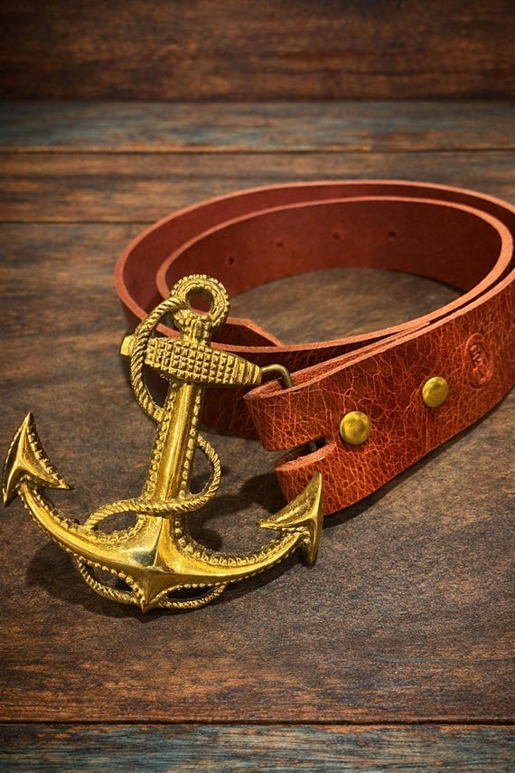 Handmade Leather Anchor Belt – Brass or Pewter Buckle, Nautical Style