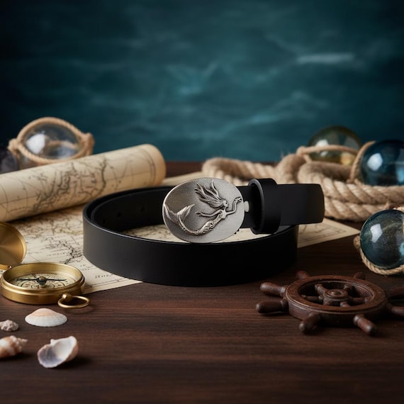 Leather Belt with Mermaid Buckle: Handmade Cowhide - Beach Vibe Colors