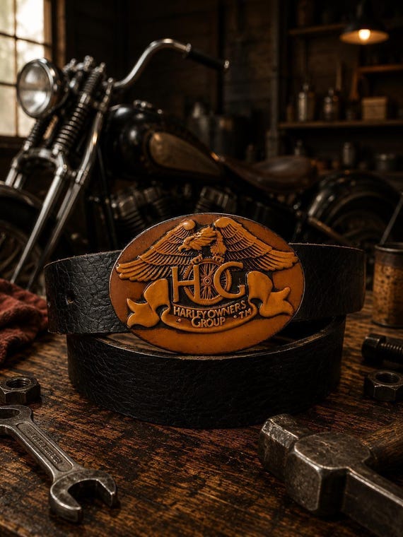 Vintage Harley Davidson Harley Owners Group  Belt Buckle with Custom Genuine Leather Belt | Collector Buckle | Motorcycle Rider Belt Gift