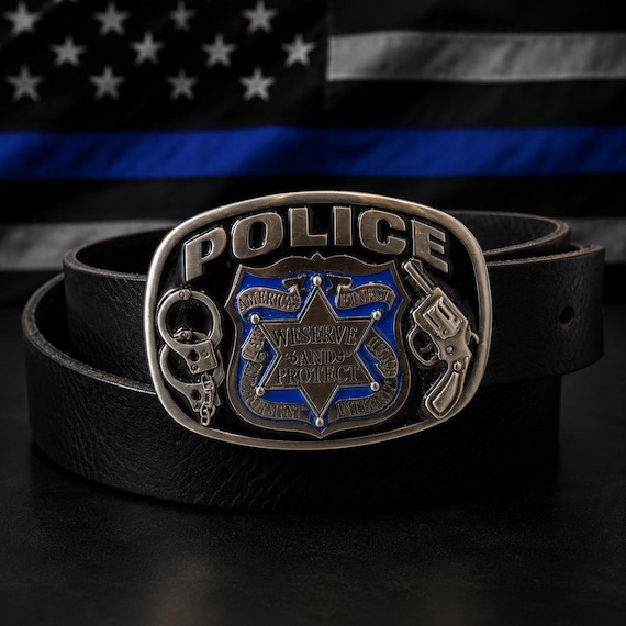 Police Belt Buckle with Handmade Leather Belt – Law Enforcement Gift for Men – Police Officer Belt – Custom Leather Belt