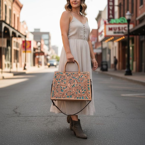 Southwestern Hand Carved leather messenger bag (Fits Laptop & Supplies) in Turquoise and Tan