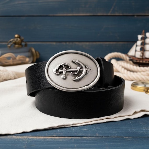 Oval Anchor Belt Buckle with Custom Leather Belt – Unisex Nautical Accessory
