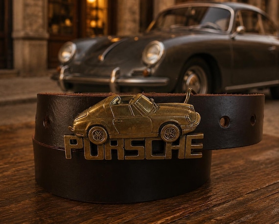 Vintage Porsche 911 Brass Belt Buckle with Custom Genuine Leather Belt | Classic Sports Car Gift | Vintage Porsche Collector Buckle
