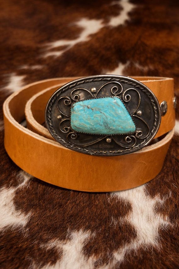 Vintage Sterling Silver Turquoise Belt Buckle with Custom Leather Belt – Handmade Southwestern Buckle