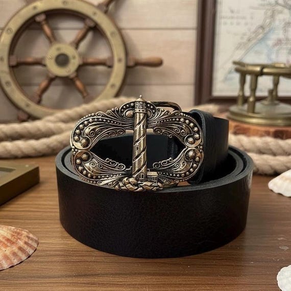 Lighthouse Belt Buckle with Custom Genuine Leather Belt | Nautical Coastal Accessory for Beach Lover | Gift for Him or Her