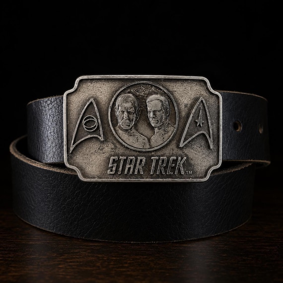 Vintage STAR TREK Belt Buckle with Handmade Leather Belt | Retro sci Fi Buckle | Genuine Leather Belt | Vintage Star Trek Gift
