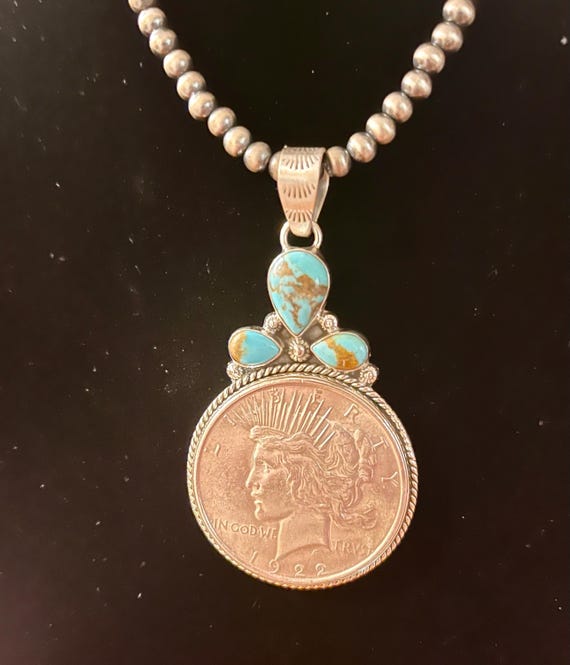 Peace Silver Dollar pendant  with Turquoise stones