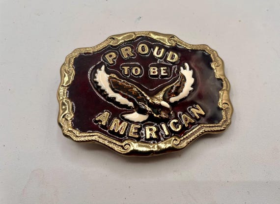 Vintage Belt Buckle- Proud to Be an American, Solid Brass, Optional Belt