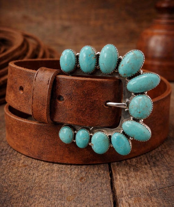 Turquoise Belt Buckle with Premium Leather Belt, Sterling Silver Southwestern Buckle Set, Handmade Western Belt, Boho Cowgirl Belt