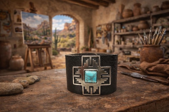 Southwestern Turquoise Leather Cuff Bracelet – Handmade Western Concho Bangle