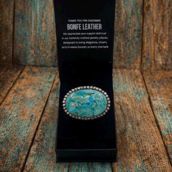 Genuine Kingman Turquoise Brooch – White Brass Western Scarf Pin