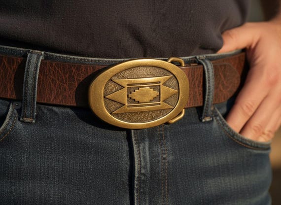 Vintage Belt Buckle, Southwestern, Solid Brass, with Custom Genuine Leather Belt