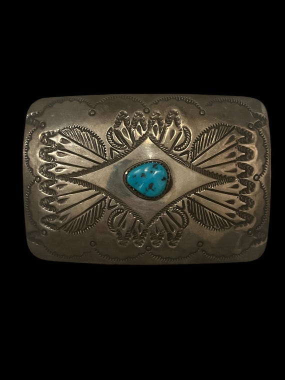 Sterling Silver Turquoise Belt Buckle Signed “A” | Southwestern Navajo Style | Handmade Western Buckle | Custom Leather Belt Western Gift