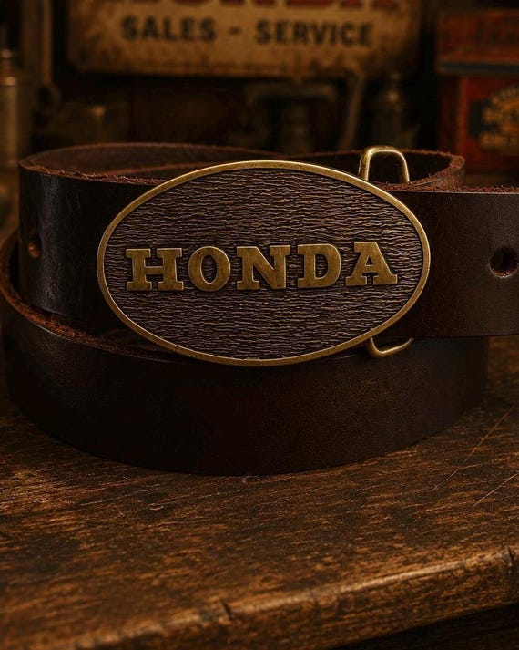 Vintage Honda Brass Belt Buckle with Custom Genuine Leather Belt | Classic Sports Car Gift | Vintage Honda Collector Buckle