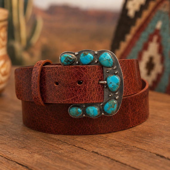 Southwestern Sterling Turquoise Belt Buckle – Handmade Cowgirl Western Leather Belt