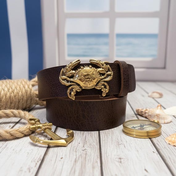 Blue Claw Crab Belt Buckle – Artisan Handmade Nautical Leather Belt
