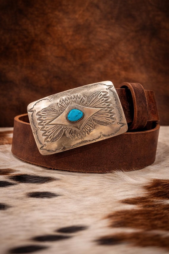Vintage NOS Southwestern Turquoise Sterling Silver Belt Buckle, Optional Leather Belt