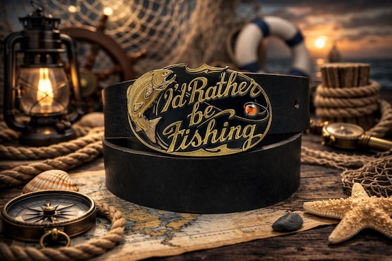 Vintage Fish Belt Buckle, Solid Brass | Custom Genuine Leather Belt | Nautical Fisherman Gift | Gift for Him