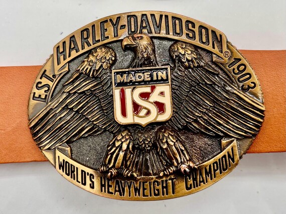 Harley Davidson Belt Buckle: Vintage Gold Raintree - Custom Leather Colors