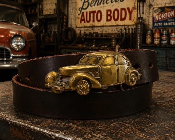 Vintage Cord 812 Style Brass Belt Buckle with Handmade Leather Belt | 1937 Art Deco Automobile | Classic Car Gift