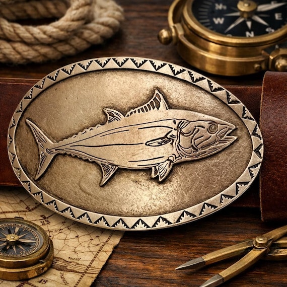 Bluefin Tuna Belt Buckle with Custom Genuine Leather Belt | Nautical Coastal Accessory for Fisherman | Gift for Him