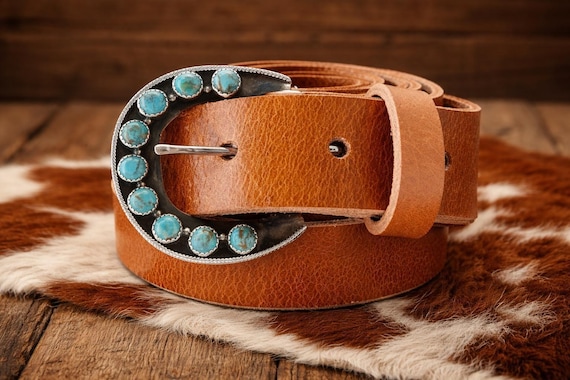 Sterling Silver Turquoise Southwestern Belt Buckle – Full Grain Leather Western Cowgirl Belt