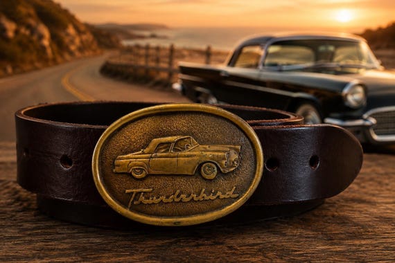 Vintage Thunderbird Belt Buckle with Handmade Genuine Leather Belt | Solid Brass Classic Car Buckle Gift | Custom Size Leather Belt |