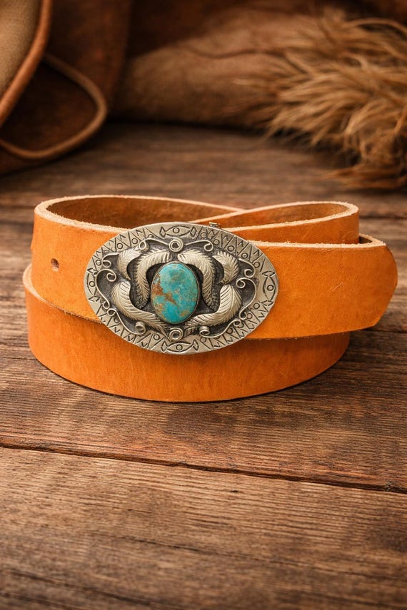 Vintage Sterling Silver Turquoise Southwestern Belt Buckle – Handmade NOS Leather Strap with Custom Genuine Leather Belt