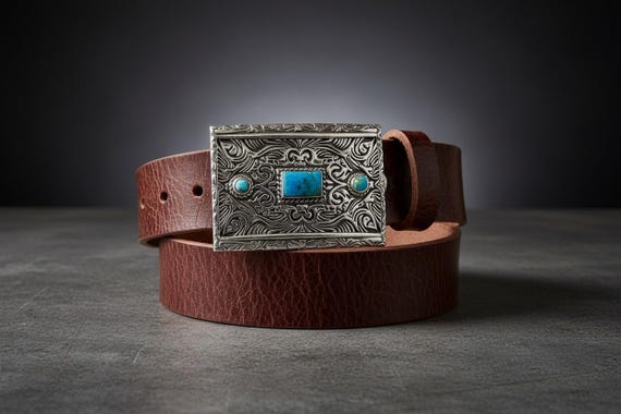 Southwestern Sterling Silver and Turquoise Belt Buckle with Genuine Leather Belt Cowgirl belt Gift for Her