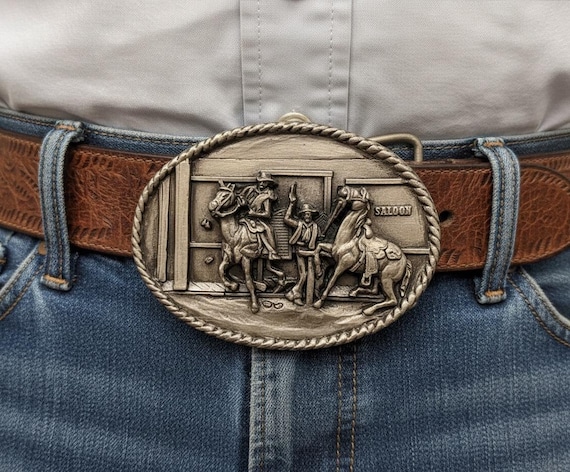 Vintage Belt Buckle Cowboy Rodeo, with Custom Genuine Leather Belt