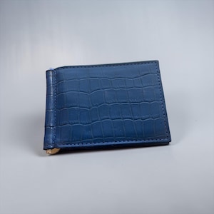 Genuine Alligator Leather Money Clip Wallet – Slim Bifold Card Holder – Luxury Minimalist Wallet Blue