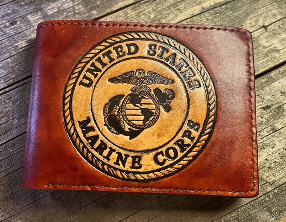 Hand Carved Leather USMC Bifold Wallet – Genuine Leather, Patriotic Military Gift