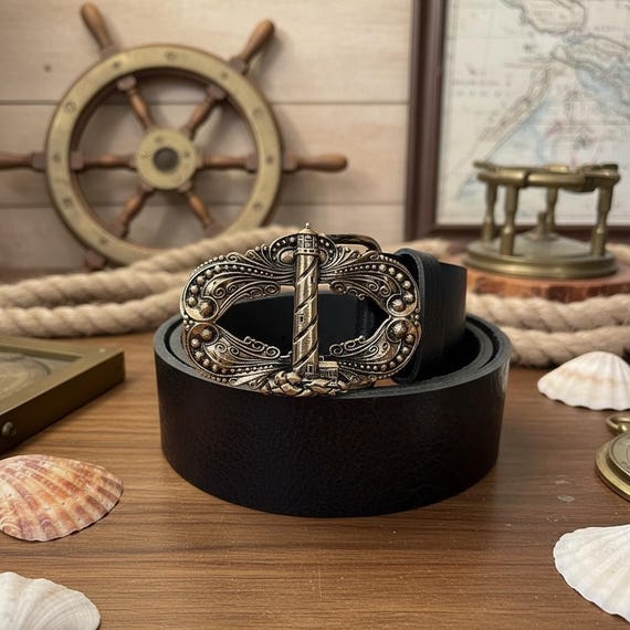 Nautical Lighthouse Belt Buckle, By Silversmith Richard Kaish, w/ Premium Leather Belt – Maritime Vintage Style