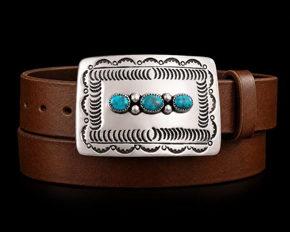 Genuine Navajo Nickel Silver Turquoise Concho Belt Buckle w/ Premium Custom Genuine Leather Belt