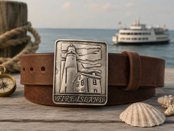 Fire Island Belt Buckle with Custom Leather Belt, Custom size and leather options, Fire Island Gift