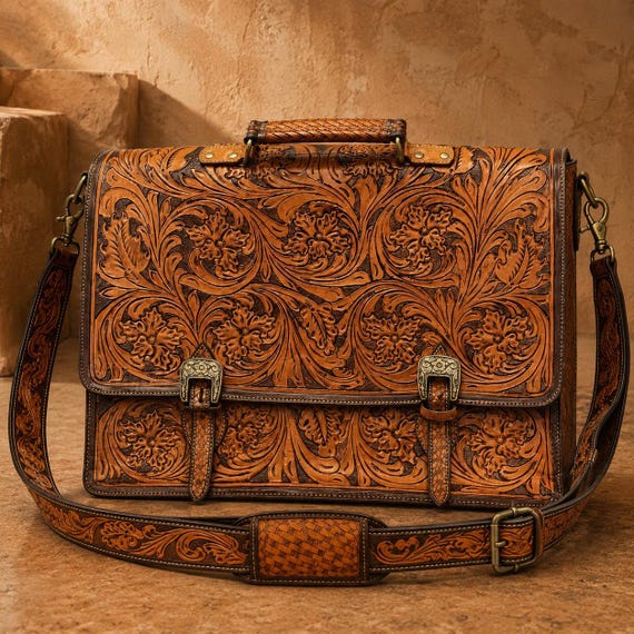 Hand-Carved Leather Laptop Briefcase (Fits Laptop & Supplies)