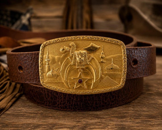 Vintage Egyptian Pharaoh Belt Buckle with Custom 1” Genuine Leather Belt | Gold Tone Pyramid & Desert Scene | Handmade Leather Belt | Egypt