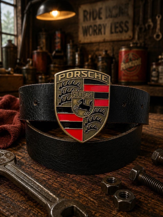Vintage Porsche Brass Belt Buckle | Genuine Leather, 1980 Baron Buckle
