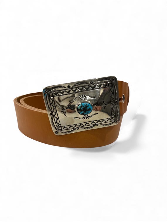 Turquoise Belt Buckle with Handmade Leather Belt