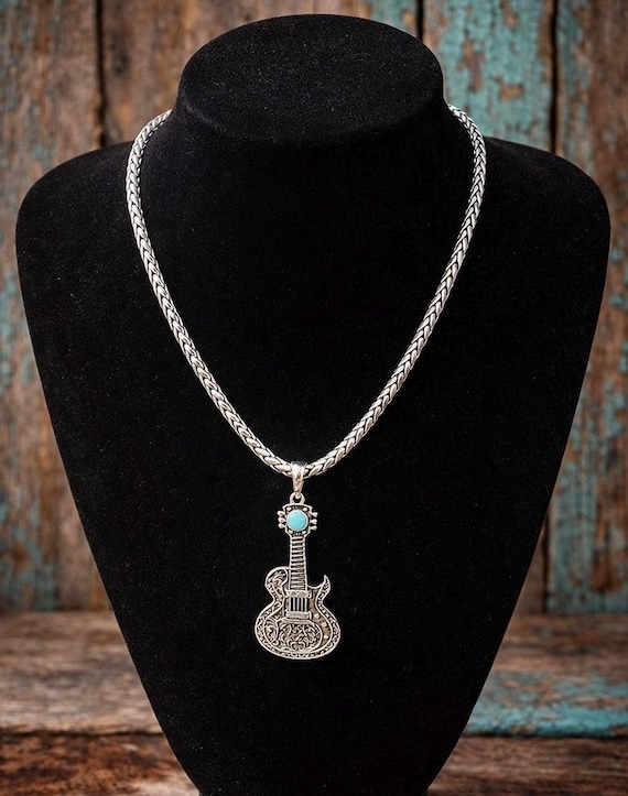 Turquoise Jewelry | Handcrafted White Brass Guitar Pendant Necklace - Kingman Stone, 20 Inch Chain