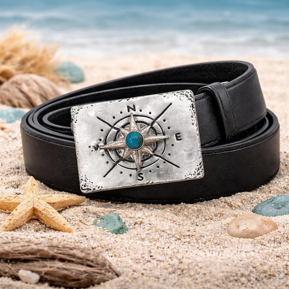 Turquoise Compass Rose Belt Buckle with Custom Genuine Leather Belt | Nautical Coastal Accessory for Beach Lover | Gift for Him or Her