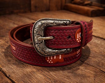 Leather Belt for Men: Basket-Weave Pattern with Guitar (Handcrafted, Custom Fit)