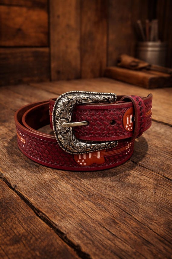 Leather Belt for Men: Basket-Weave Pattern with Guitar (Handcrafted, Custom Fit)