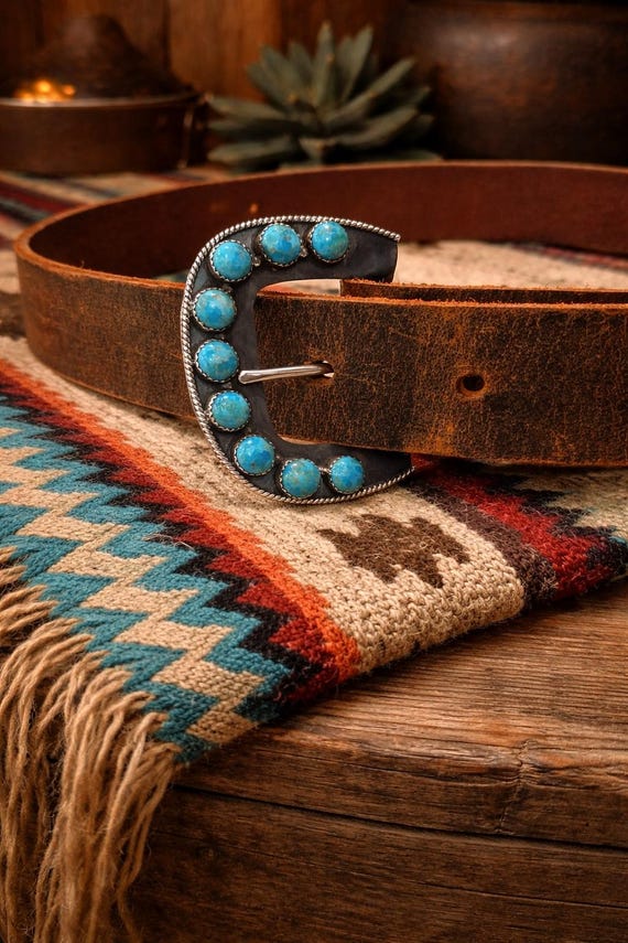 Sterling Silver Turquoise Southwestern Belt Buckle – Handmade Leather Western Cowgirl Belt