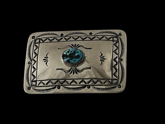 Vintage Navajo Belt Buckle “Little CR” Signed Nickel Silver Turquoise Buckle – with Custom Genuine Leather Belt